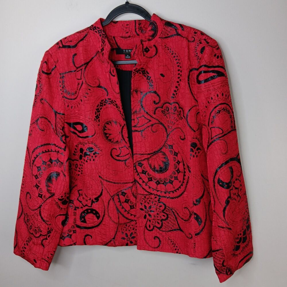 Toni Morgan Jacket Blazer Women's Size XL Red Black Floral Print Asian Artistic